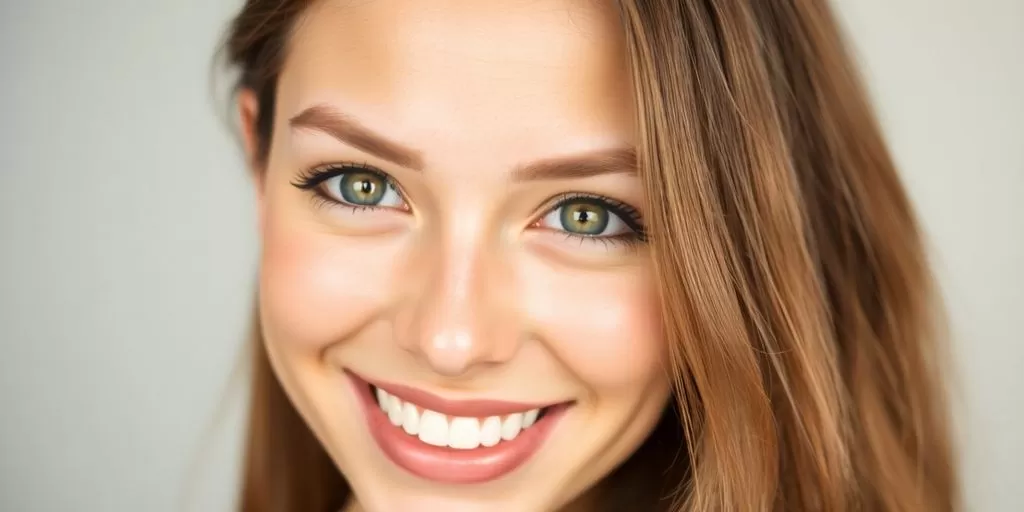 Mulher sorrindo com olhos vibrantes e pele lisa.